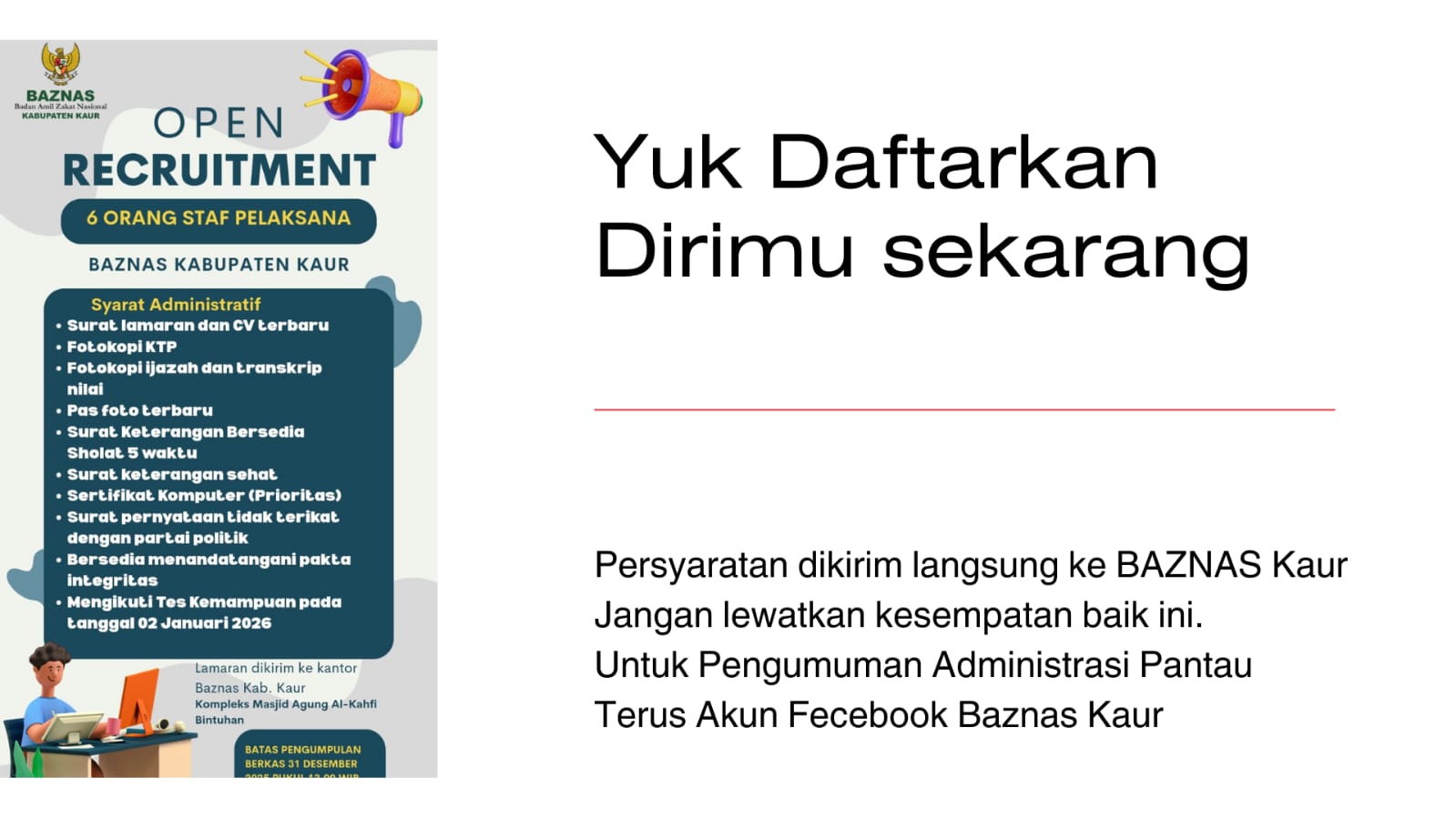 JADI BAGIAN BAZNAS KAUR : 6 Staf Pelaksana Dibutuhkan,Yuk Daftarkan Dirimu Sekarang